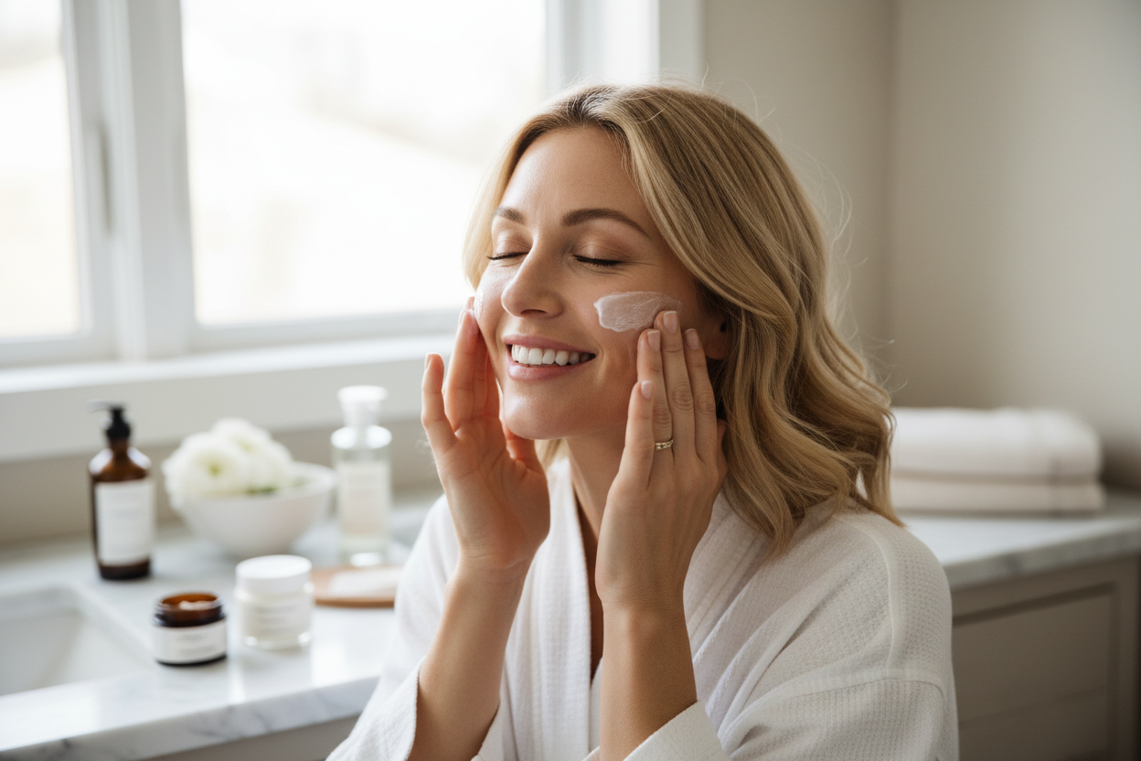 Blonde Frau die sich im Gesicht eincremt und dabei glücklich ist 